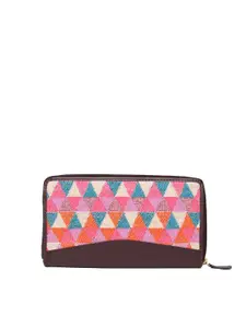 ASTRID Women Brown & Purple Geometric Canvas Zip Around Wallet