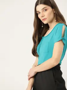 DressBerry Turquoise Blue Solid Slit Sleeves Sustainable Top with Braided Edges