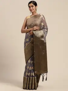 Mitera Grey & Black Woven Design Zari Organza Saree