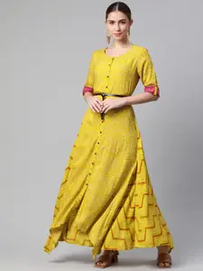 Rangriti Women Mustard Yellow & White Ethnic Maxi Dress with a Belt