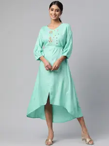 Rangriti Women Turquoise Blue & Yellow Embroidered A-Line Midi Dress with a Belt