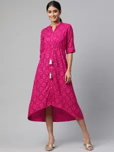 Rangriti Rangriti Women Pink & Beige Ethnic Motifs Ethnic A-Line Midi Dress with a Belt