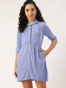DressBerry Blue Cinched Waist Shirt Mini Dress