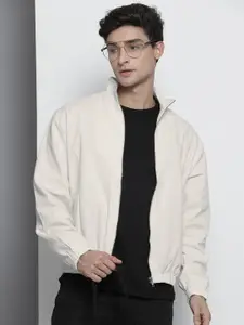 The Indian Garage Co Men Off-White Solid Cotton Bomber Jacket