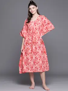 Libas Pink Cotton Printed Kaftan Night Dress