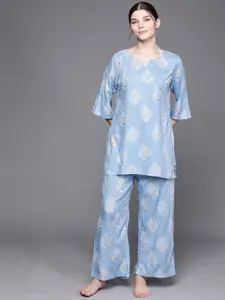 Libas Women Blue & White Printed Night suit