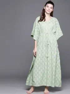 Libas Green Cotton Printed Kaftan Night Dress