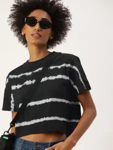 Kook N Keech Women Black & White Boxy Crop Dyed Pure Cotton T-shirt