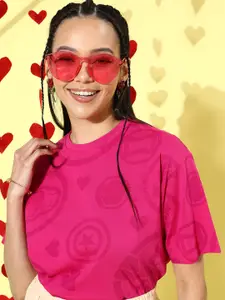 Kook N Keech Marvel Women Pink Printed Extended Sleeves Pure Cotton T-shirt