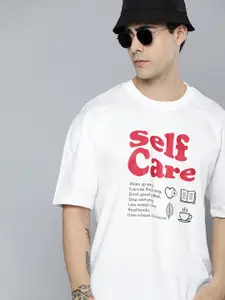 Kook N Keech Men White Typography Printed Drop-Shoulder Sleeves Pure Cotton Oversized T-shirt