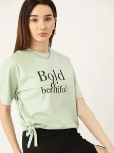 Kook N Keech Women Green Pure Cotton Typography Printed Boxy T-shirt