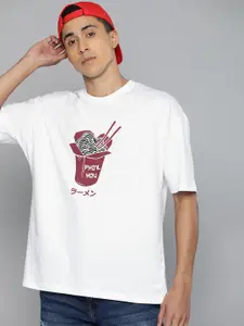 Kook N Keech Men White Printed Drop-Shoulder Sleeves Oversized T-shirt