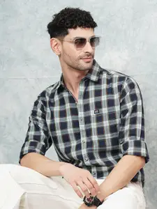 The Indian Garage Co Men Navy Blue & Green Cotton Tartan Checks Checked Casual Shirt