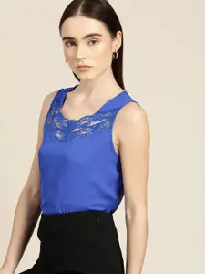 her by invictus Women Blue Solid Sleeveless Regular Top With Lace Inserts Detail