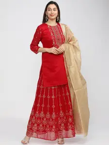 Vishudh Women Red Embroidered Regular Kurti with Skirt & With Dupatta