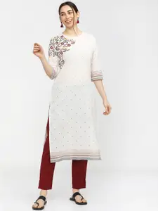 Vishudh Women White & Maroon Floral Embroidered Straight Kurta