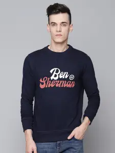BEN SHERMAN Men Navy Blue Printed Organic Cotton Round Neck Sweatshirt