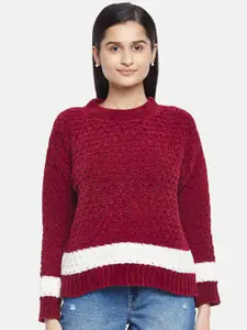 People Women Maroon & White Striped Acrylic Pullover Sweater
