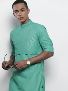 The Indian Garage Co Men Turquoise Blue Solid Angrakha Kurta with Printed Detailing