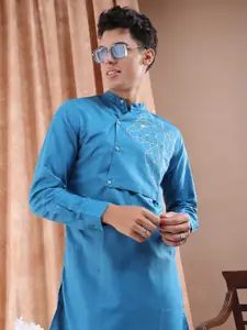The Indian Garage Co Men Teal Blue Solid Angrakha Kurta with Printed Detail