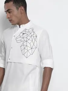 The Indian Garage Co Men White Printed Detail Layered Kurta