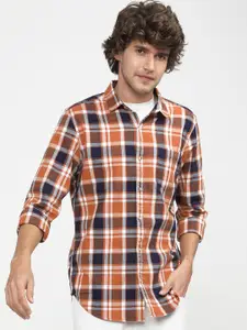 HIGHLANDER Men Orange Slim Fit Tartan Checks Opaque Checked Casual Shirt