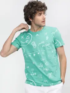 LOCOMOTIVE Men Green & White Typography Printed Round neck Slim Fit T-shirt