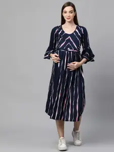 MomToBe Navy Blue & Pink Striped Maternity Nursing Midi Sustainable Dress