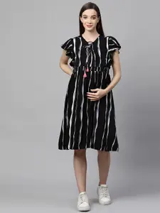 MomToBe Women Black & White Striped Maternity Nursing A-Line Sustainable Dress