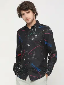 HIGHLANDER Men Black & Blue Abstract Printed Slim Fit Casual Shirt