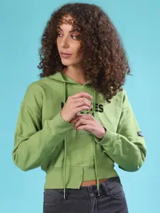 Campus Sutra Women Green Hooded Crop Sweatshirt