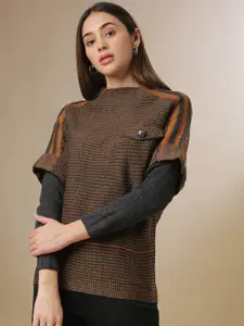 Campus Sutra Women Brown & Orange Self Design Pullover Acrylic Sweater