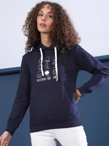 Campus Sutra Women Navy Blue Printed Hooded Sweatshirt