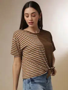 Campus Sutra Brown Striped Extended Sleeves Regular Top