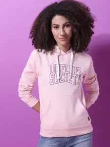 Campus Sutra Women Pink Printed Cotton Hooded Sweatshirt