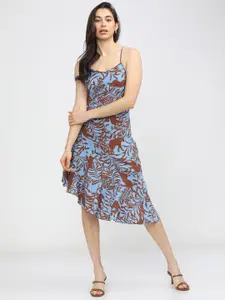 Tokyo Talkies Blue & Maroon Floral Shoulder Strap Sheath Midi Dress