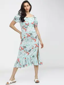 Tokyo Talkies Teal & Red Floral A-Line Midi Dress