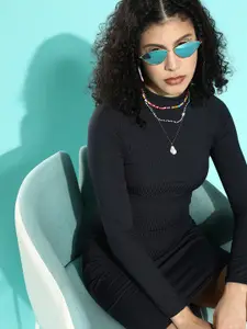 Tokyo Talkies Deep Navy Blue Solid Knitted Dress