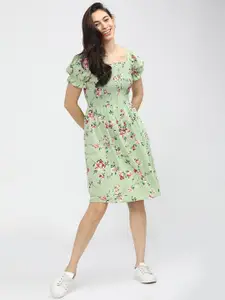 Tokyo Talkies Green & Pink Floral A-Line Dress