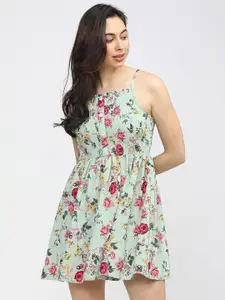 Tokyo Talkies Sea Green & Pink Floral Mini Dress