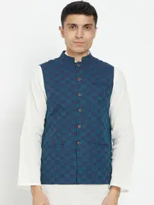 Fabindia Men Blue Woven-Design Cotton Nehru Jacket