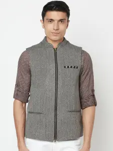 Fabindia Men Grey Woven Design Pure Wool Nehru Jacket