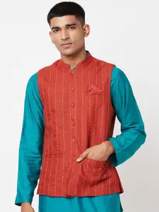 Fabindia Men Red & Yellow Striped Dobby Nehru Jacket