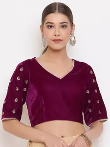 Janasya Women Purple Embroidered Velvet Saree Blouse