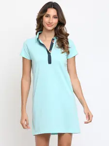 am ma Blue & Brown Solid Shirt Collar T-shirt Dress