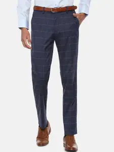 Louis Philippe Men Navy Blue & White Checked Slim Fit Formal Trousers