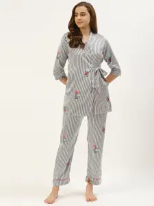 Sweet Dreams Women White & Black Striped & Floral Print Three-Piece Night suit