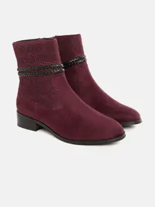 CORSICA Women Burgundy Suede Finish Laser Cut Mid-Top Flat Boots