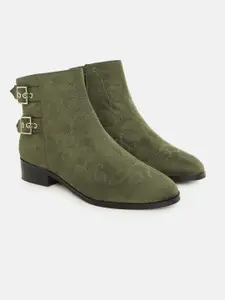 CORSICA Women Olive Green Suede Finish Embroidered Mid-Top Flat Boots