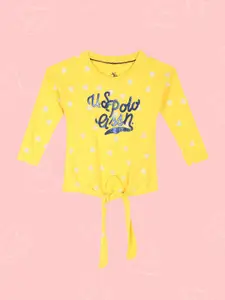 U.S. Polo Assn. Kids Girls Yellow Typography Printed Applique T-shirt